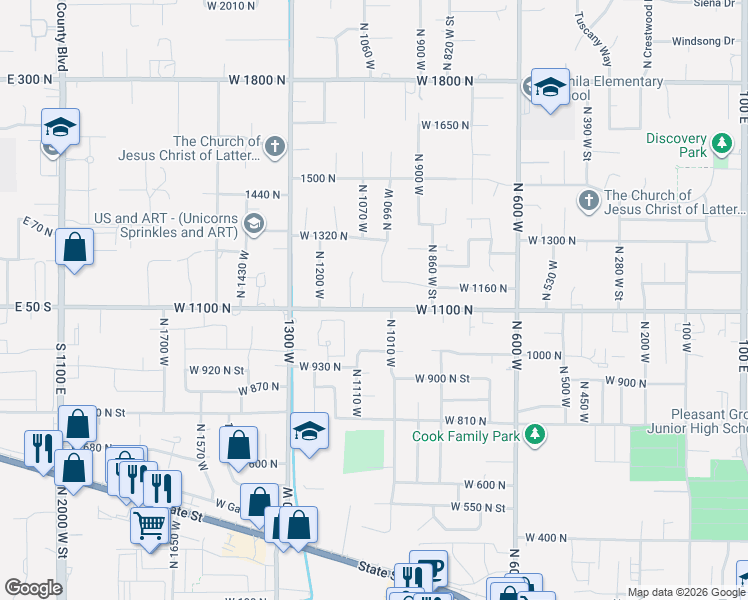 map of restaurants, bars, coffee shops, grocery stores, and more near 1047 West 1100 North in Pleasant Grove