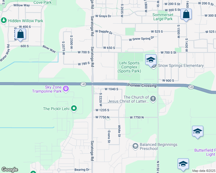 map of restaurants, bars, coffee shops, grocery stores, and more near 2121 West 1040 South in Lehi