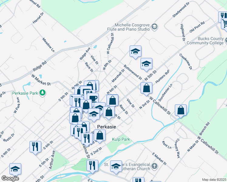 map of restaurants, bars, coffee shops, grocery stores, and more near 510 Vine Street in Perkasie