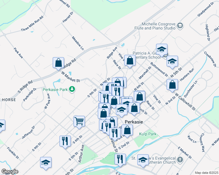 map of restaurants, bars, coffee shops, grocery stores, and more near 22 North 8th Street in Perkasie