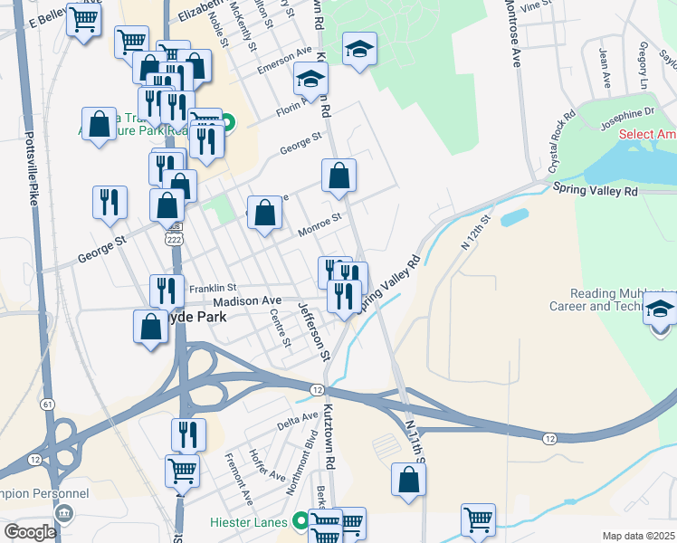 map of restaurants, bars, coffee shops, grocery stores, and more near 116 Lafayette Street in Reading