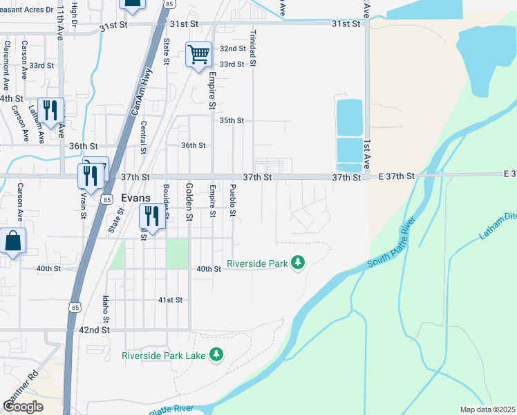 map of restaurants, bars, coffee shops, grocery stores, and more near 3717 Salida Court in Evans