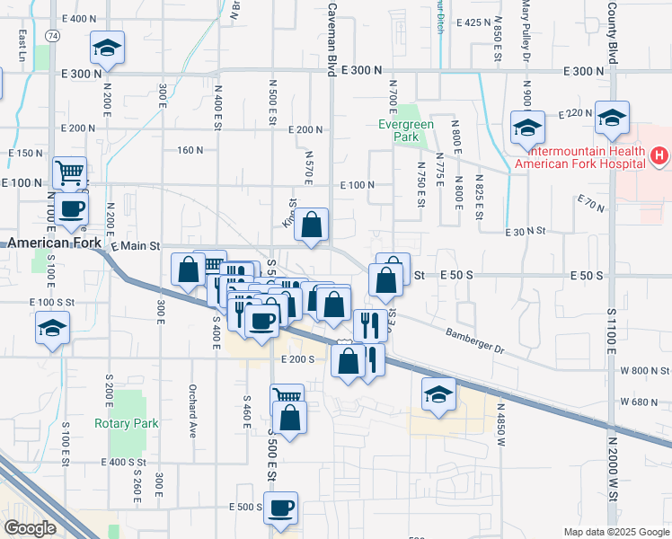 map of restaurants, bars, coffee shops, grocery stores, and more near 611 East 50 South in American Fork