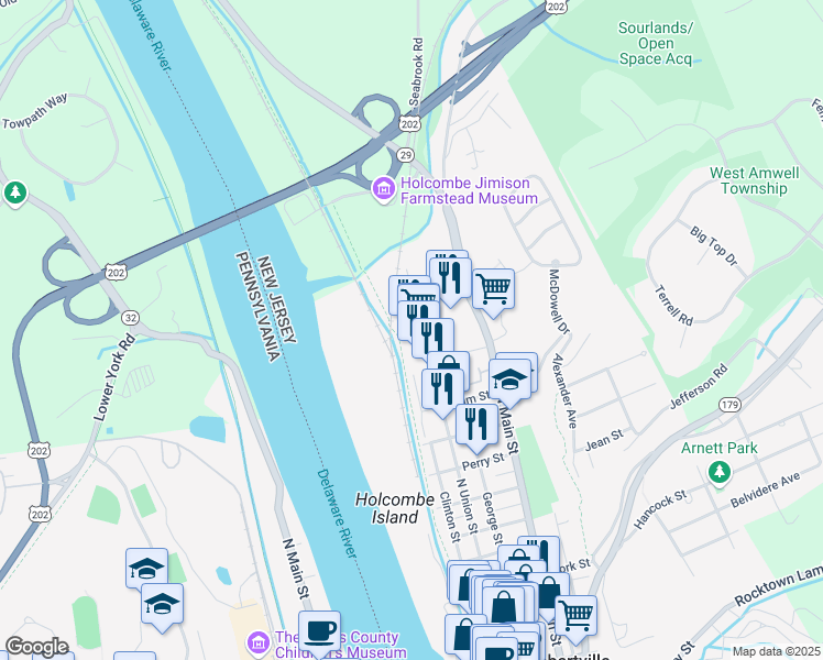 map of restaurants, bars, coffee shops, grocery stores, and more near 239 North Union Street in Lambertville