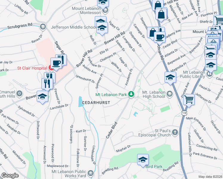 map of restaurants, bars, coffee shops, grocery stores, and more near 548 Greenhurst Drive in Pittsburgh