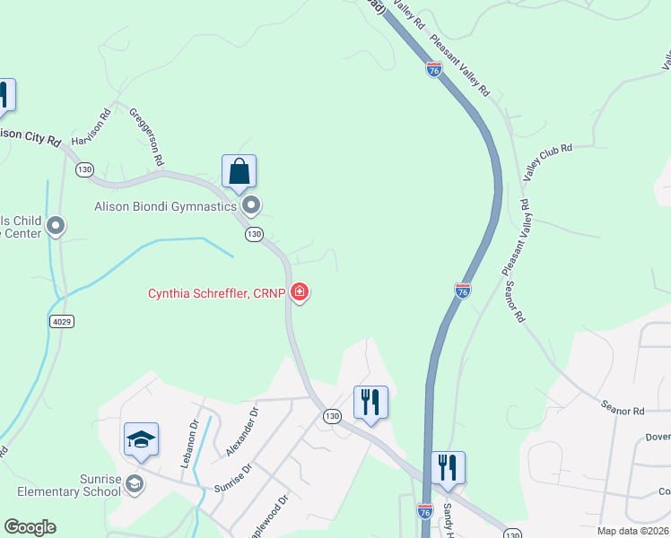 map of restaurants, bars, coffee shops, grocery stores, and more near 104 Elise Drive in Irwin