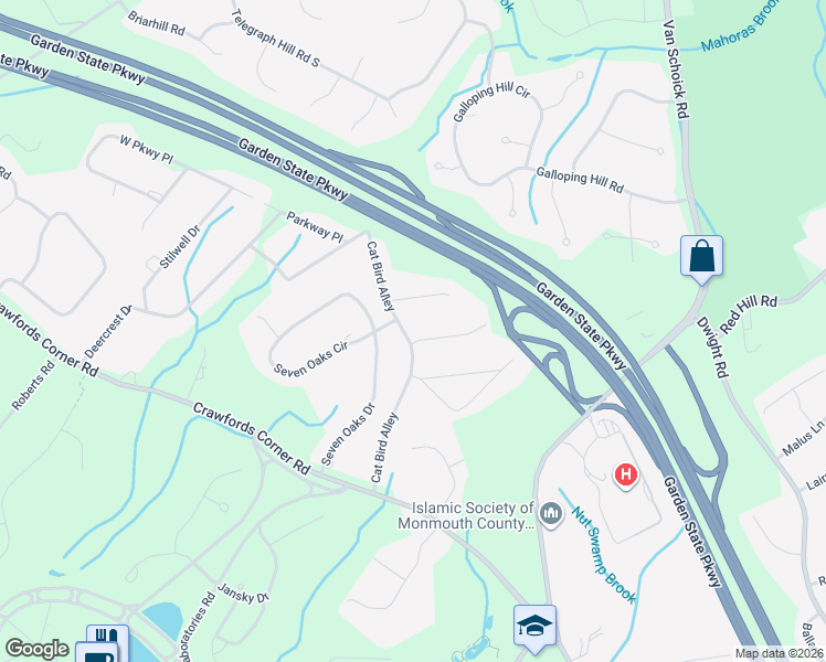 map of restaurants, bars, coffee shops, grocery stores, and more near 1 Eagle Hill Road in Holmdel
