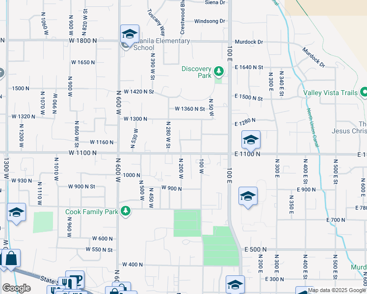 map of restaurants, bars, coffee shops, grocery stores, and more near 1122 North 200 West in Pleasant Grove
