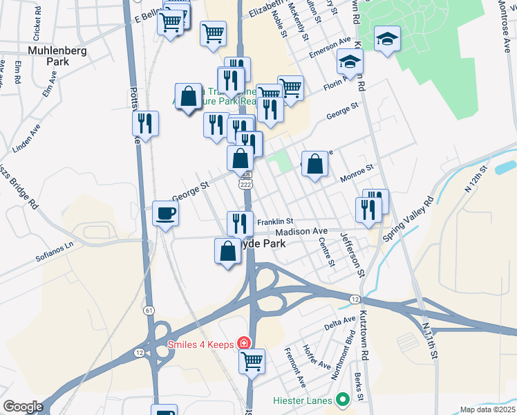map of restaurants, bars, coffee shops, grocery stores, and more near 430 Fairview Street in Reading