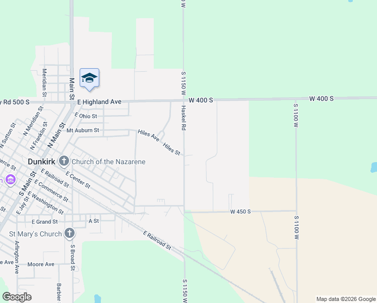 map of restaurants, bars, coffee shops, grocery stores, and more near 262-398 South 1150 West in Dunkirk