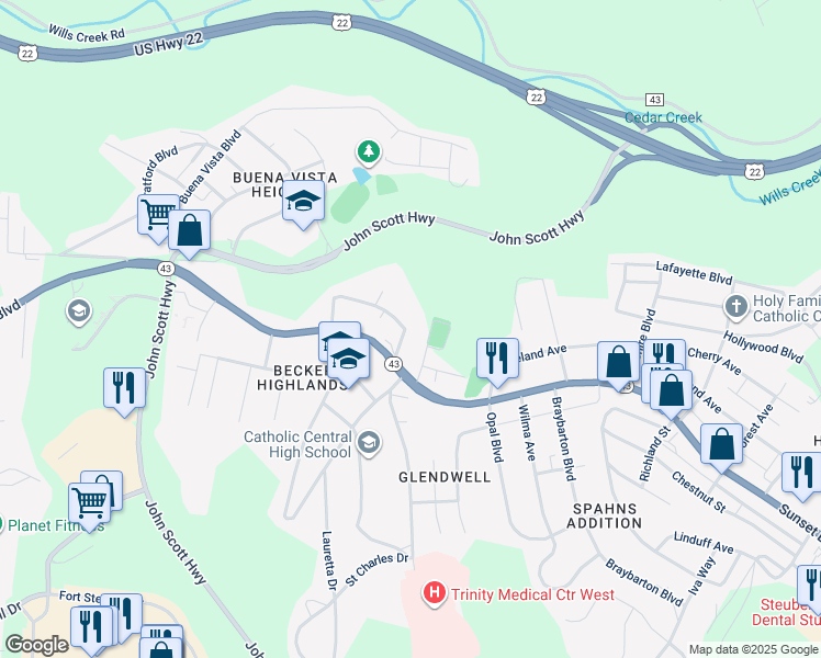 map of restaurants, bars, coffee shops, grocery stores, and more near 119 Homewood Avenue in Steubenville
