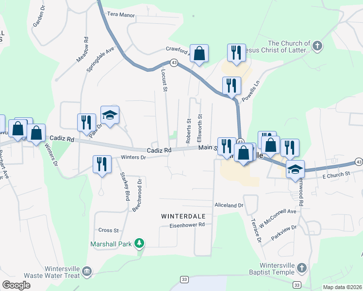 map of restaurants, bars, coffee shops, grocery stores, and more near 253 Cadiz Road in Wintersville