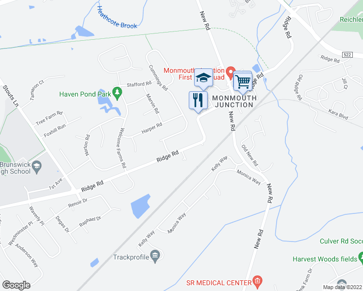 map of restaurants, bars, coffee shops, grocery stores, and more near 671 Ridge Road in South Brunswick Township