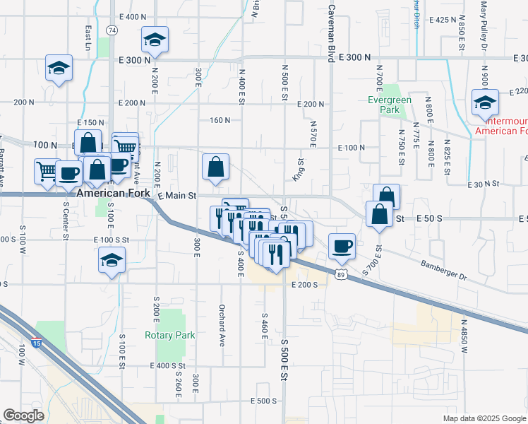 map of restaurants, bars, coffee shops, grocery stores, and more near 62 South 500 East in American Fork