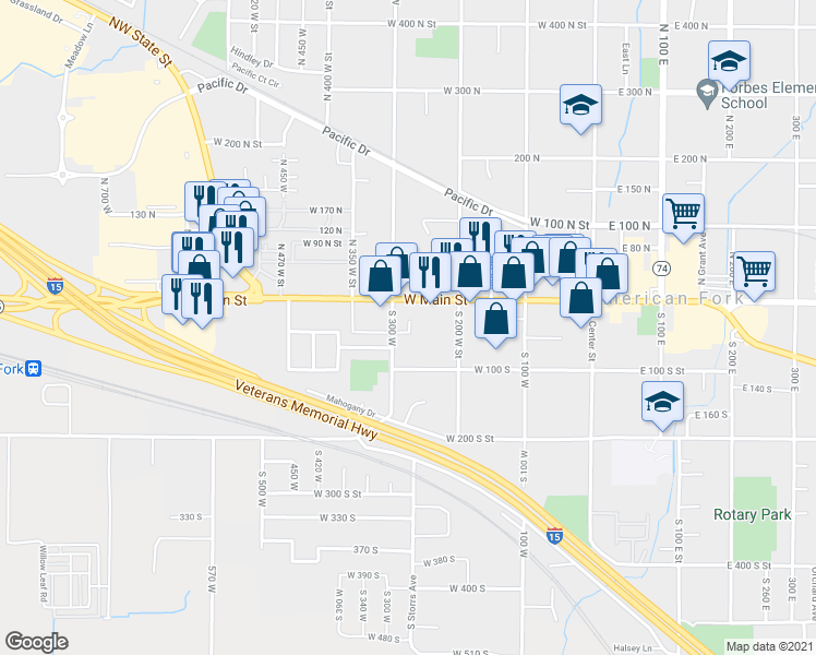 map of restaurants, bars, coffee shops, grocery stores, and more near 264 West 100 South in American Fork