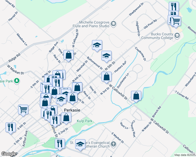 map of restaurants, bars, coffee shops, grocery stores, and more near 327 North 5th Street in Perkasie