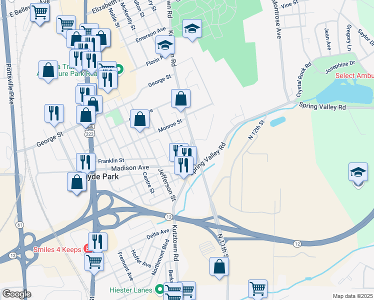 map of restaurants, bars, coffee shops, grocery stores, and more near 10 Pennsylvania Avenue in Reading