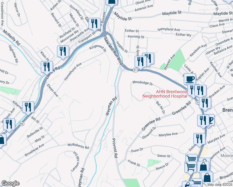 map of restaurants, bars, coffee shops, grocery stores, and more near 244 Provost Road in Pittsburgh
