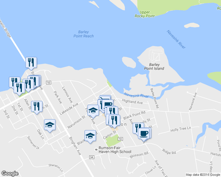 map of restaurants, bars, coffee shops, grocery stores, and more near 17 Ave of 2 Rivers in Rumson