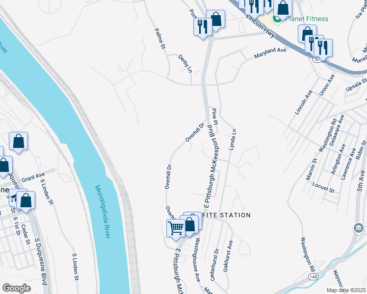 map of restaurants, bars, coffee shops, grocery stores, and more near 708 Overhill Drive in North Versailles
