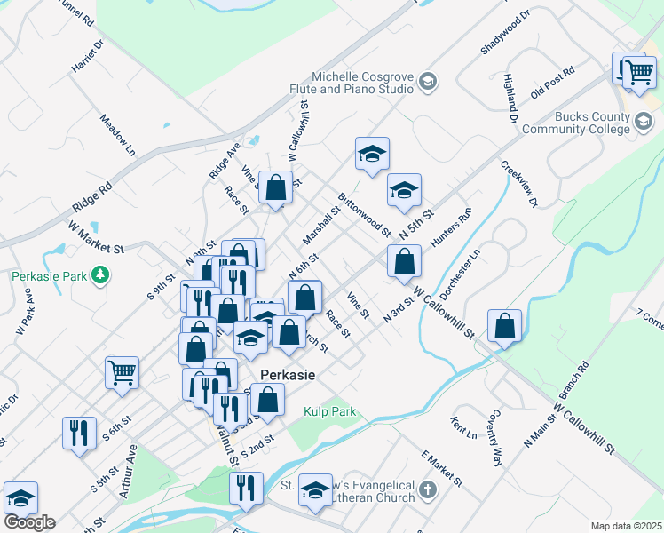 map of restaurants, bars, coffee shops, grocery stores, and more near 517 Vine Street in Perkasie