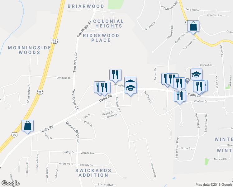 map of restaurants, bars, coffee shops, grocery stores, and more near 101 Reichart Avenue in Steubenville