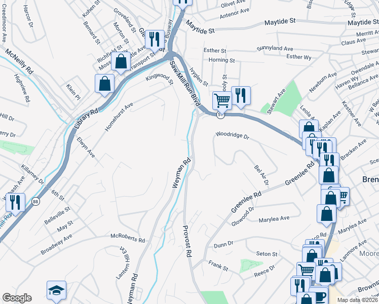 map of restaurants, bars, coffee shops, grocery stores, and more near 244 Provost Road in Pittsburgh