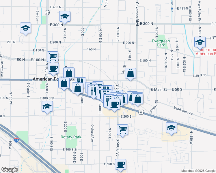 map of restaurants, bars, coffee shops, grocery stores, and more near 424 East Elm Street in American Fork