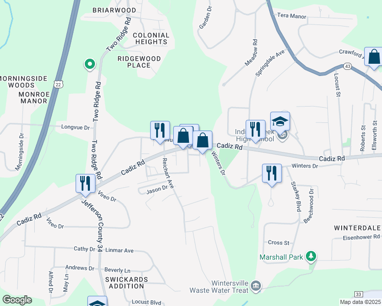 map of restaurants, bars, coffee shops, grocery stores, and more near 28 Pioneer Drive in Wintersville