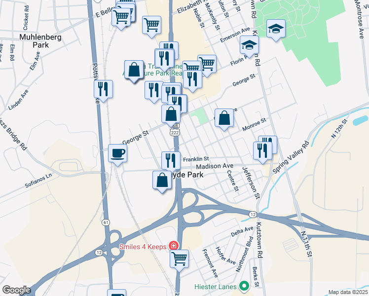 map of restaurants, bars, coffee shops, grocery stores, and more near 432 Fairview Street in Reading