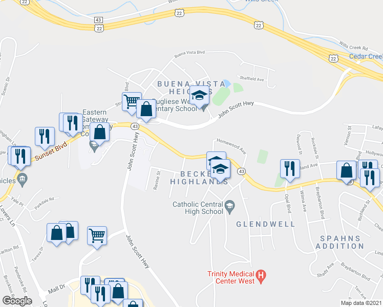 map of restaurants, bars, coffee shops, grocery stores, and more near 3243 Sunset Boulevard in Steubenville