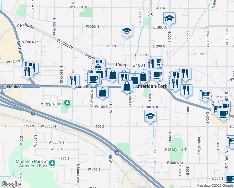 map of restaurants, bars, coffee shops, grocery stores, and more near 77 South 100 West in American Fork