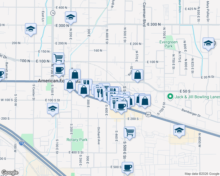map of restaurants, bars, coffee shops, grocery stores, and more near 424 East Elm Street in American Fork