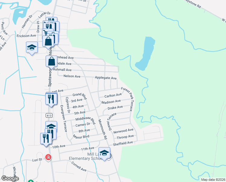 map of restaurants, bars, coffee shops, grocery stores, and more near 22 Forest Lane in Monroe Township
