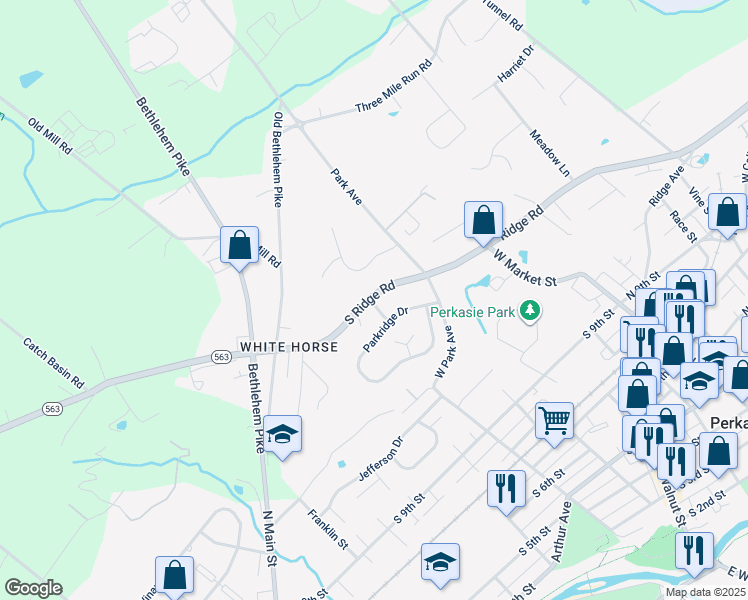map of restaurants, bars, coffee shops, grocery stores, and more near 225 South Ridge Road in Perkasie
