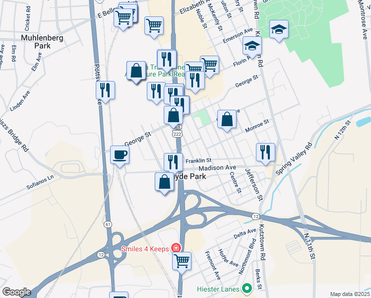 map of restaurants, bars, coffee shops, grocery stores, and more near 434 Fairview Street in Reading