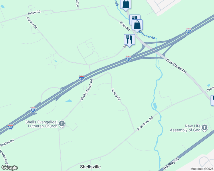 map of restaurants, bars, coffee shops, grocery stores, and more near 313 Spring Road in Grantville