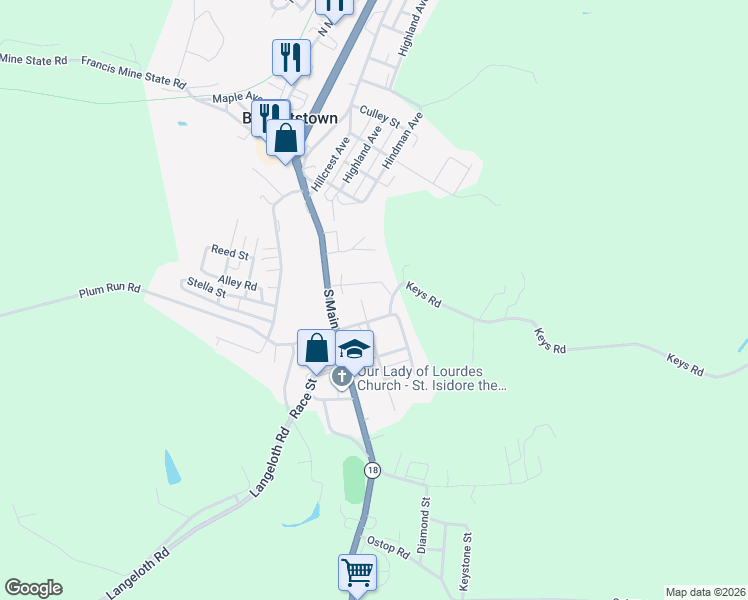 map of restaurants, bars, coffee shops, grocery stores, and more near 114 East Pittsburgh Street in Burgettstown