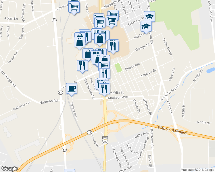 map of restaurants, bars, coffee shops, grocery stores, and more near 434 Fairview Street in Reading