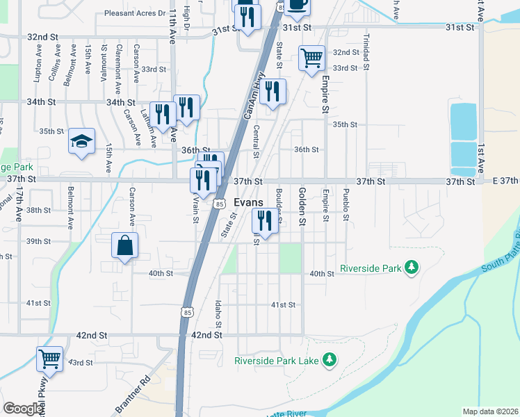 map of restaurants, bars, coffee shops, grocery stores, and more near 812 38th Street in Evans