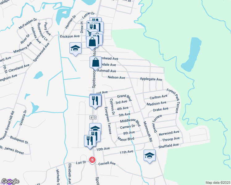 map of restaurants, bars, coffee shops, grocery stores, and more near 20 1st Avenue in Monroe Township