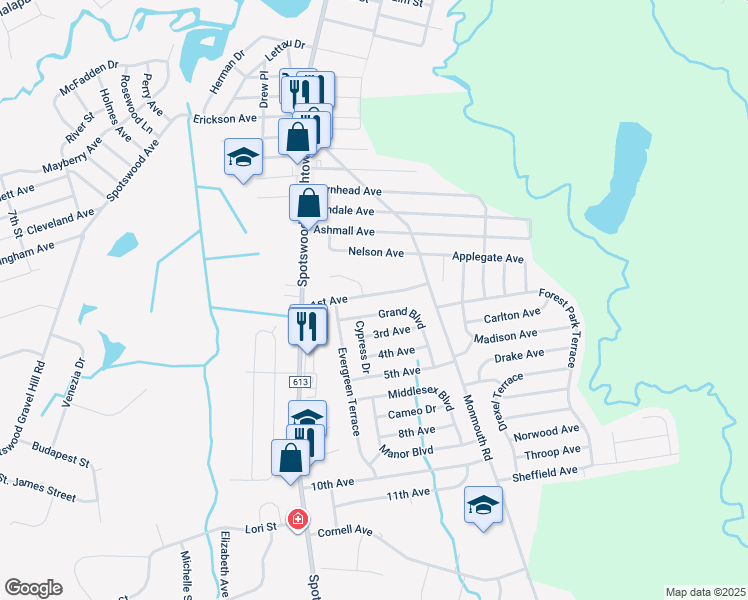 map of restaurants, bars, coffee shops, grocery stores, and more near 20 1st Avenue in Monroe Township
