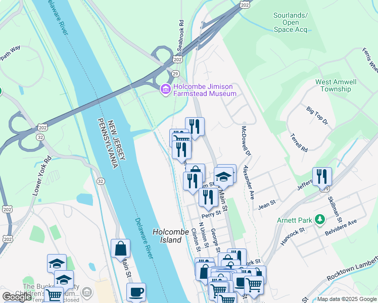 map of restaurants, bars, coffee shops, grocery stores, and more near 262 North Union Street in Lambertville