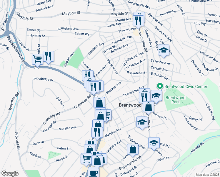 map of restaurants, bars, coffee shops, grocery stores, and more near 365 Bracken Avenue in Pittsburgh