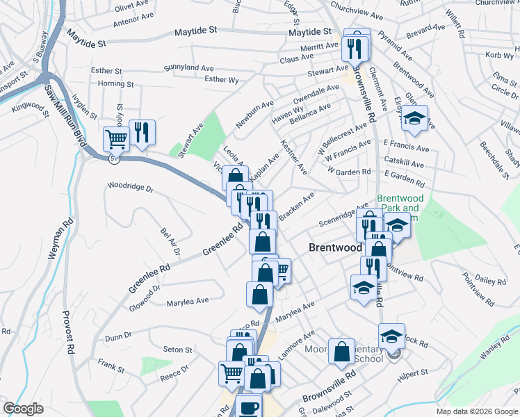 map of restaurants, bars, coffee shops, grocery stores, and more near 3301 Saw Mill Run Boulevard in Brentwood