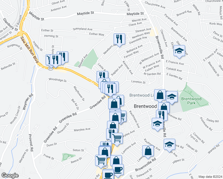 map of restaurants, bars, coffee shops, grocery stores, and more near 3301 Saw Mill Run Boulevard in Brentwood