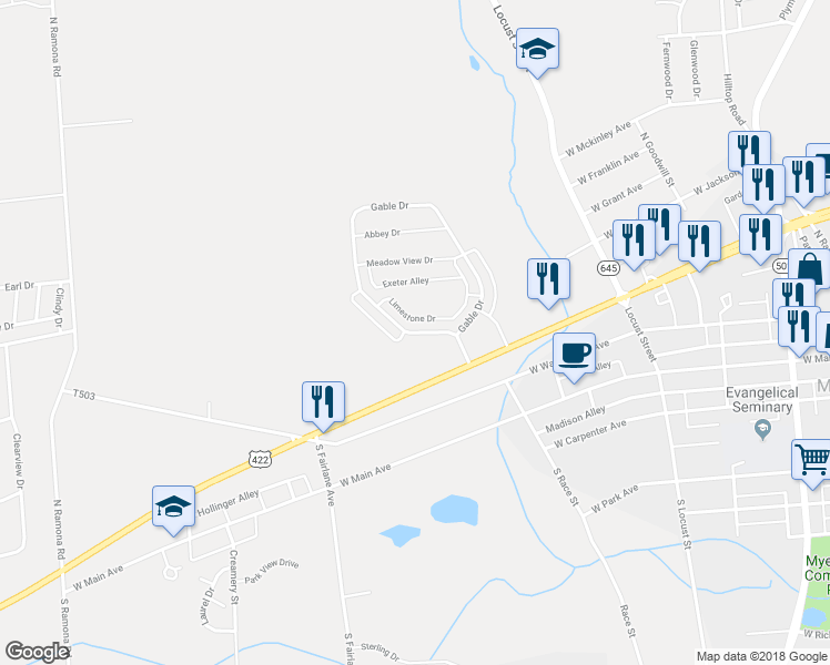 map of restaurants, bars, coffee shops, grocery stores, and more near 26 Gable Drive in Myerstown