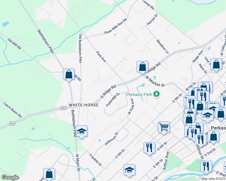 map of restaurants, bars, coffee shops, grocery stores, and more near 225 South Ridge Road in Perkasie
