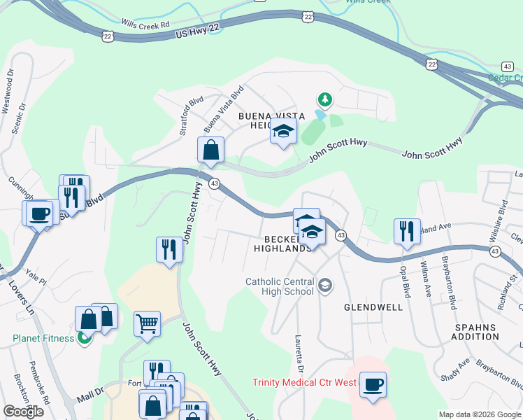 map of restaurants, bars, coffee shops, grocery stores, and more near 3272 Sunset Boulevard in Steubenville