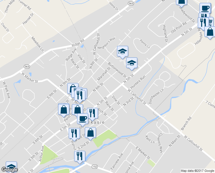 map of restaurants, bars, coffee shops, grocery stores, and more near 521 Vine Street in Perkasie